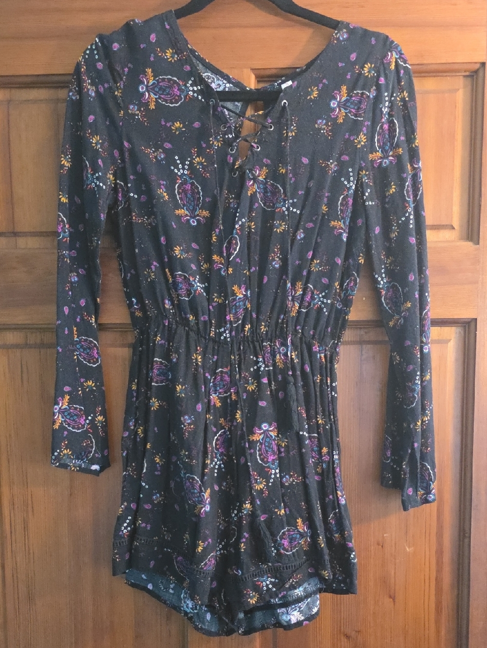 Xhilaration Black Lace-Up Long-Sleeve Romper